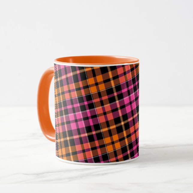 Caneca Design Xadrez Escocês Laranja Preto Rosa  (Frente Esquerda)