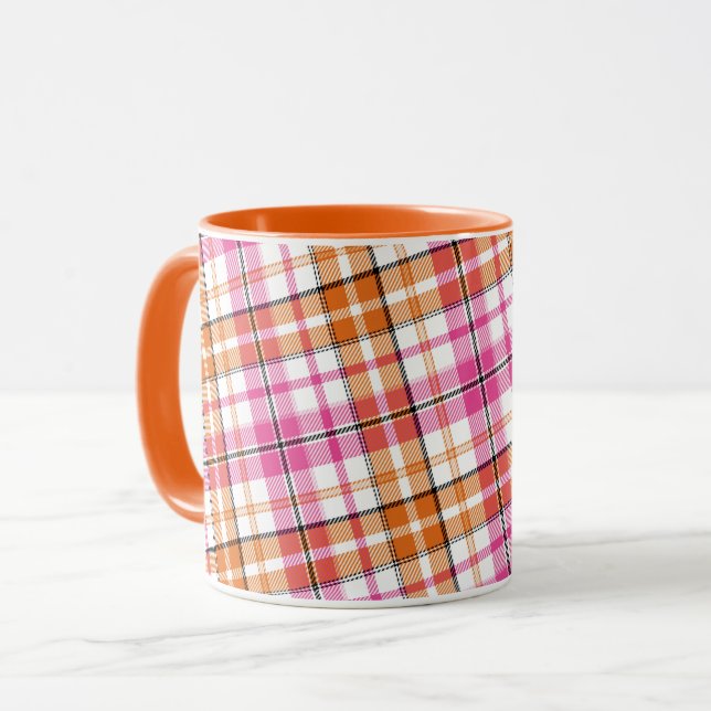 Caneca Design Xadrez Escocês Laranja Rosa Branco  (Frente Esquerda)
