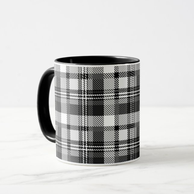 Caneca Design Xadrez Madras Cinza Preto Branco  (Frente Esquerda)