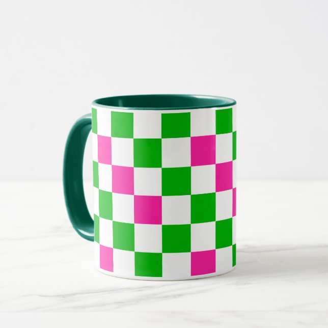 Caneca Design Xadrez Rosa Branco Verde  (Frente Esquerda)