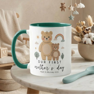 Caneca Designo do Primeiro Dia das Mães Urso Mãe Bebê