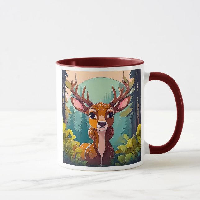 Caneca Dessin de Cerf Mignon dans la Forêt. (Direita)