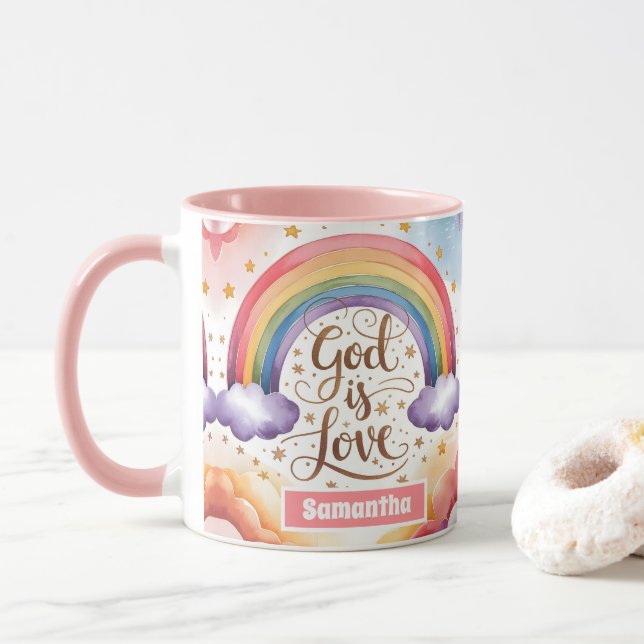 Caneca Deus Personalizado é Amor Crianças Cristãs Boho (Com Donut)