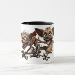 Caneca Deux chiens fous en skateboards font la course.