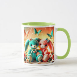Caneca Deux lapins en peluche colorés avec papillons.