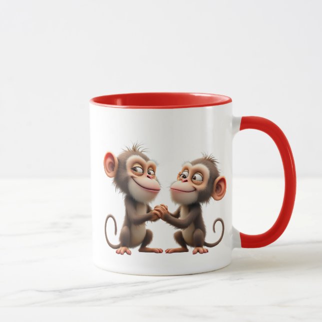 Caneca Deux petits singes rigolos se tenant la main. (Direita)