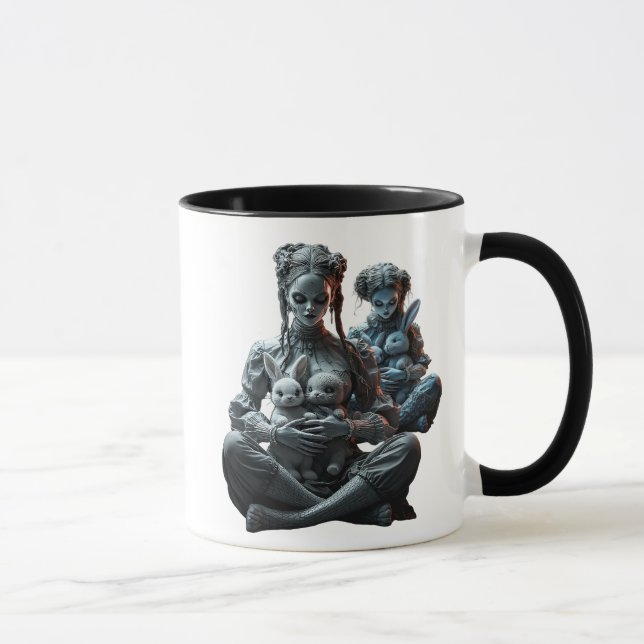Caneca Deux poupées câlinent leurs doux lapins. (Direita)