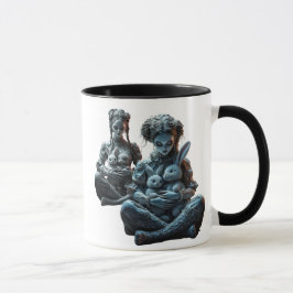 Caneca Deux poupées câlinent leurs lapins.