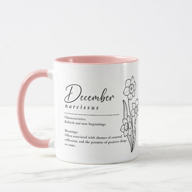 Caneca Dezembro Nascimento Mês Flor Narciso Minimalista (Esquerda)