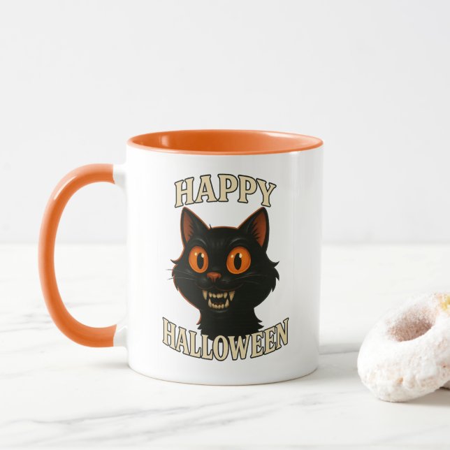 Caneca Dia das Bruxas de Gato Negro Spooky (Com Donut)