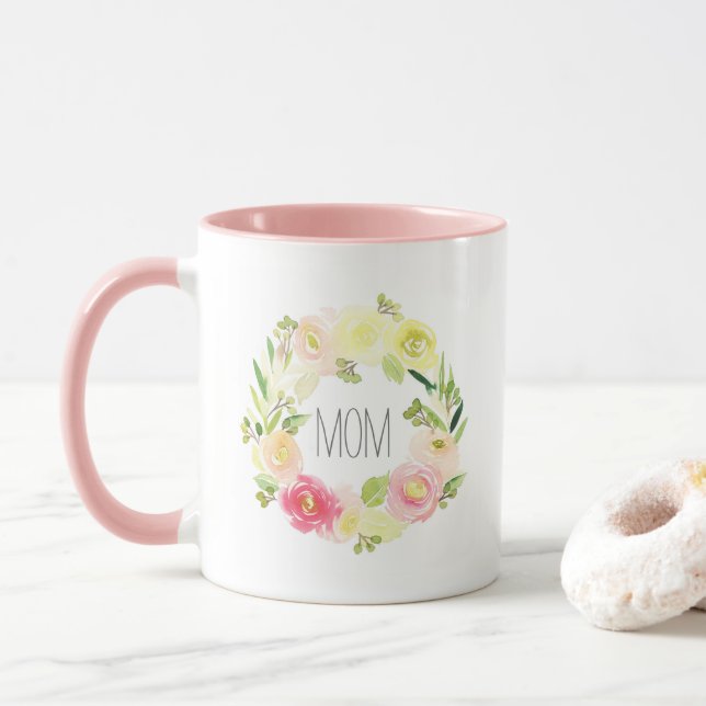 Caneca Dia das mães floral da aguarela cor-de-rosa & (Com Donut)