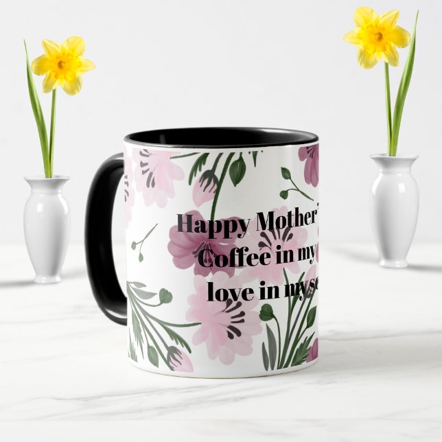 Caneca Dia de as mães Feliz com Padrão Floral Rosa Púrpur (Criador carregado)