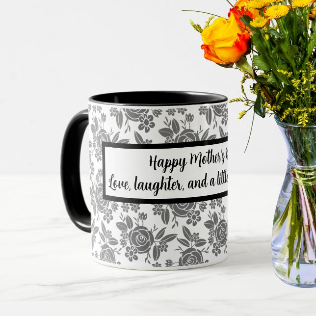 Caneca Dia de as mães Feliz com Rosas de Cinza Padrão Flo (Criador carregado)