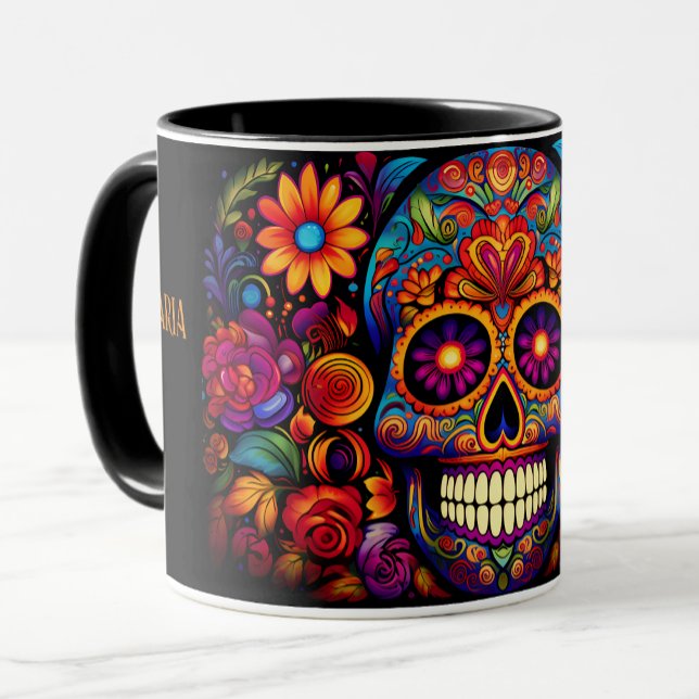 Caneca Dia de los Muertos Adicionar Nome Skull Sky Black  (Criador carregado)