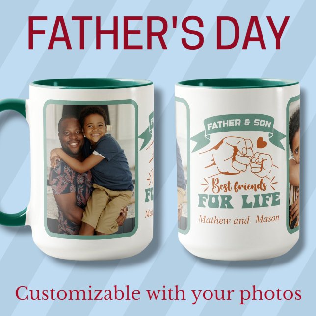Caneca Dia de os pais de fotos e nomes personalizados do  (Father and Son custom photos & names Father's Day Mug)
