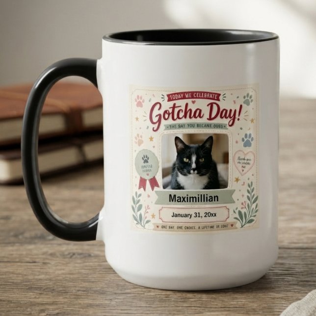 Caneca Dia de Pet Gotcha Botânico Vintage (A photo coffee mug for pet owners celebrating a gotcha day.)