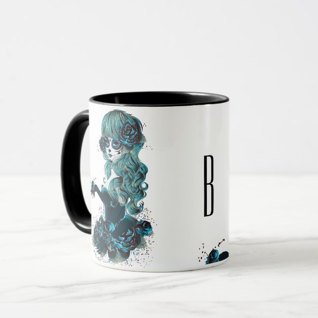 Caneca Dia dos Mortos Bela Maquiagem de Crânio de Açúcar  (Frente Esquerda)