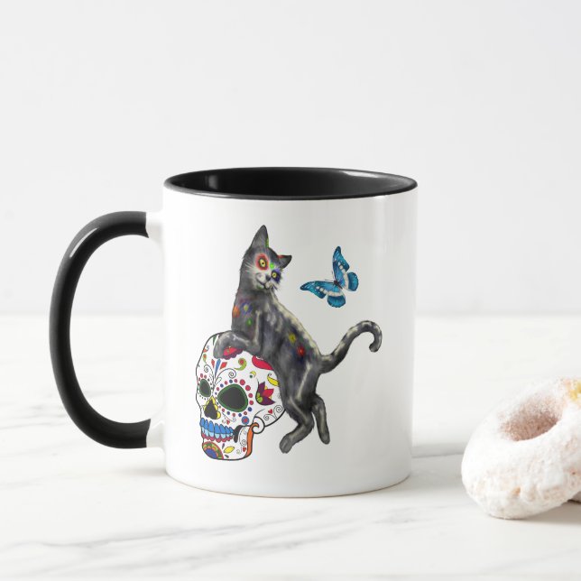Caneca Dia Dos Mortos Gato Caveira de Açúcar e Borboleta (Com Donut)