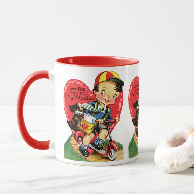 Caneca Dia dos Namorados Retrô, Menino Antigo em um Patin (Com Donut)