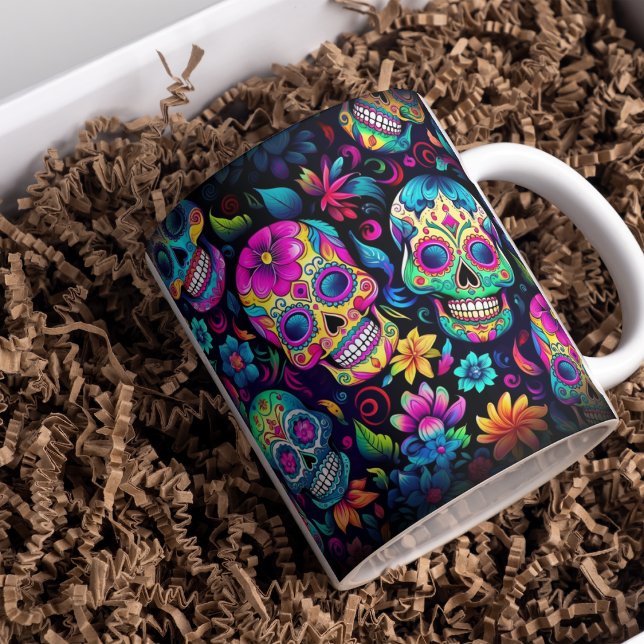 Caneca Dia dos Peles de Açúcar Neon Mortos (Sugar Skulls on different coffee mugs.  Bold colors and design for coffee lover fans!)