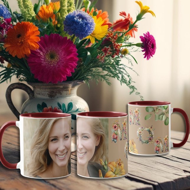Caneca Dia Único da Mãe com Flores e Foto Personalizada (Unique Mother’s Day with Flowers & Custom Photo Mug)