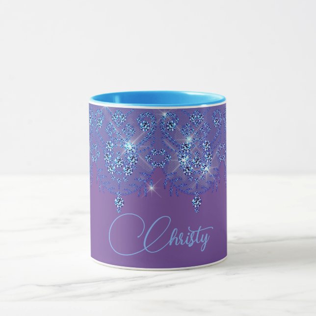 Caneca Diamante brilhante elegante de rendas azuis e roxa (Centro)