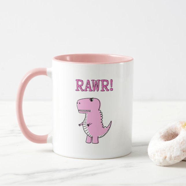 Caneca Dinossauro T-Rex, Cartoon Rosa, Bonito E Irritado (Com Donut)