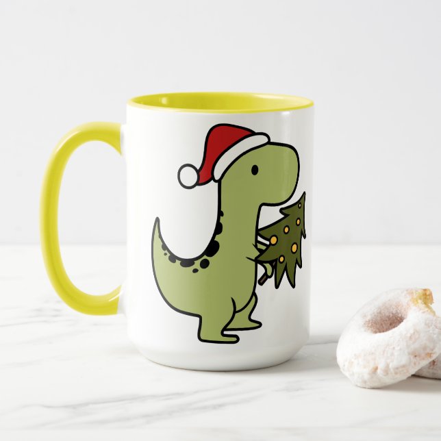 Caneca Dinossauro verde-bonito com árvore de Natal (Com Donut)