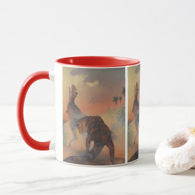Caneca Dinossauros Vintage, Carnotaurus Raring na Selva (Com Donut)
