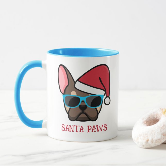 Caneca Divertido Frenchie Santa Patas Marrom Bege Natal (Com Donut)