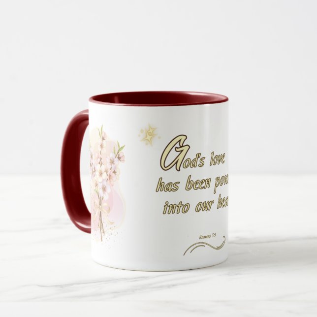 Caneca Divine Love Mug: 'Romans 5:5 Bible Verse Design (Frente Esquerda)