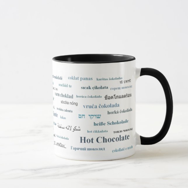 Caneca do chocolate quente em línguas diferentes (Direita)