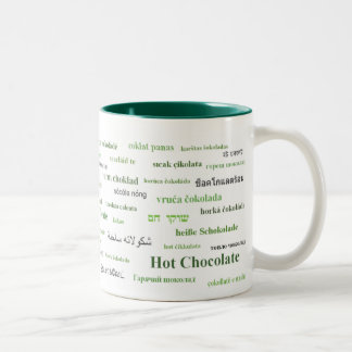 Caneca do chocolate quente em línguas diferentes