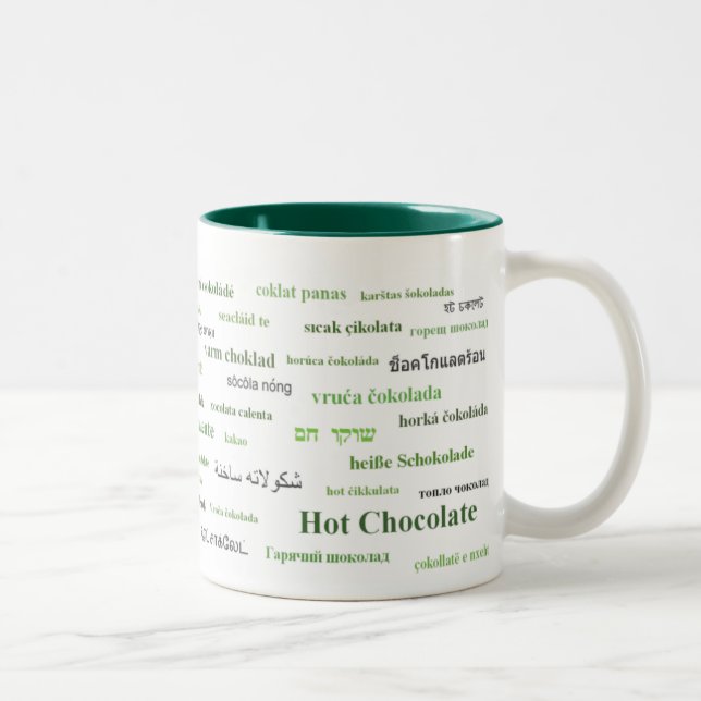 Caneca do chocolate quente em línguas diferentes (Direita)