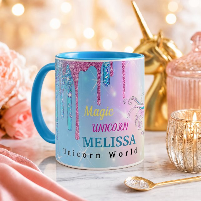 Caneca do Unicórnio Mágico (Personalized Unicorn Mug with Name | Glitter Drip Magic Unicorn Cup | Custom Gift for Girls)
