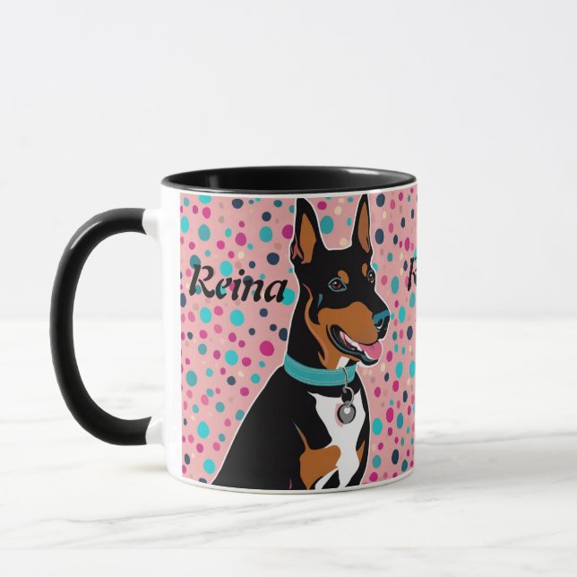 Caneca Dobermann Puppy Adicionar Nome Cubo em Rosa e Pret (Esquerda)