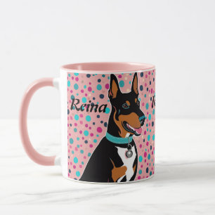 Caneca Dobermann Puppy Adicionar Nome Cubo em Rosa e Turq