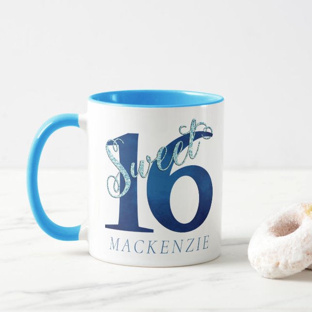 Caneca Doce 16 | Blue Watercolor e Faux Glitter Party (Com Donut)