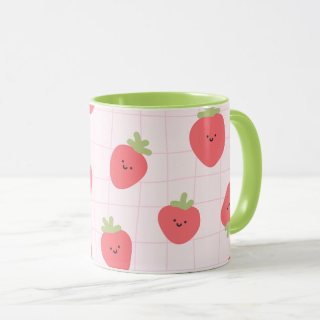 Caneca Doce Padrão de Morango – Morango Kawaii (Frente Esquerda)