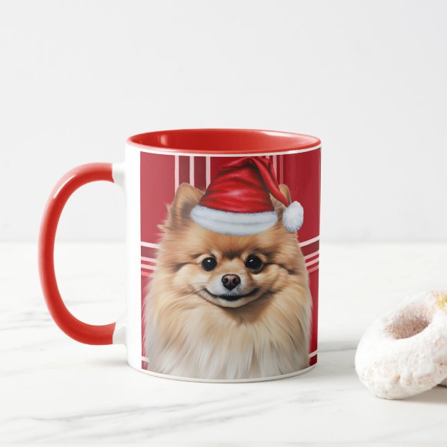 Caneca Dog Lover's Pomeranian Holiday Red Plaid (Com Donut)