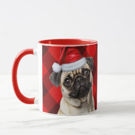 Caneca Dog Lover's Pug Holiday Red Buffalo Plaid