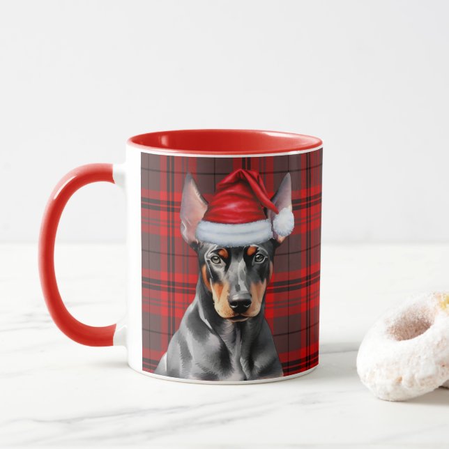 Caneca Dog Lover's Red Plaid Doberman Pinscher Holiday (Com Donut)