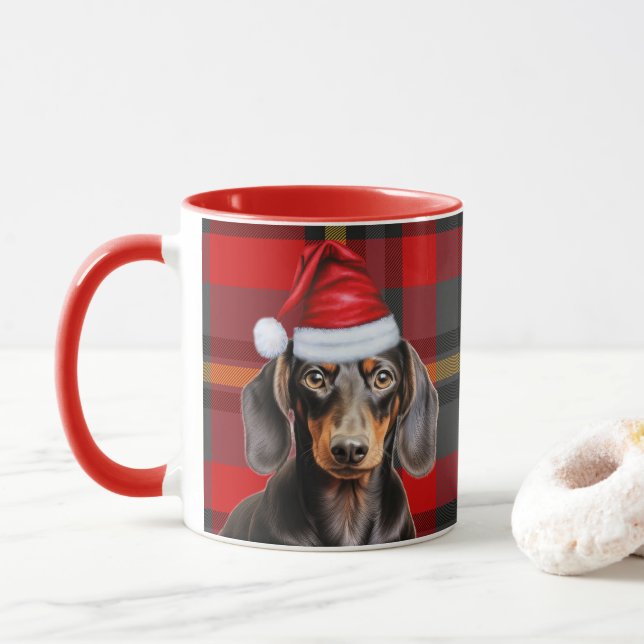 Caneca Dog Lover's Red Plaid Smooth Dachshund Holiday (Com Donut)