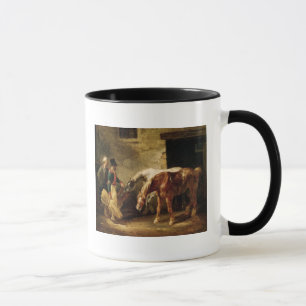 Caneca Dois cavalos de cargo na porta de um estábulo