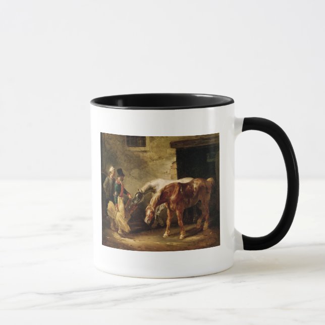 Caneca Dois cavalos de cargo na porta de um estábulo (Direita)