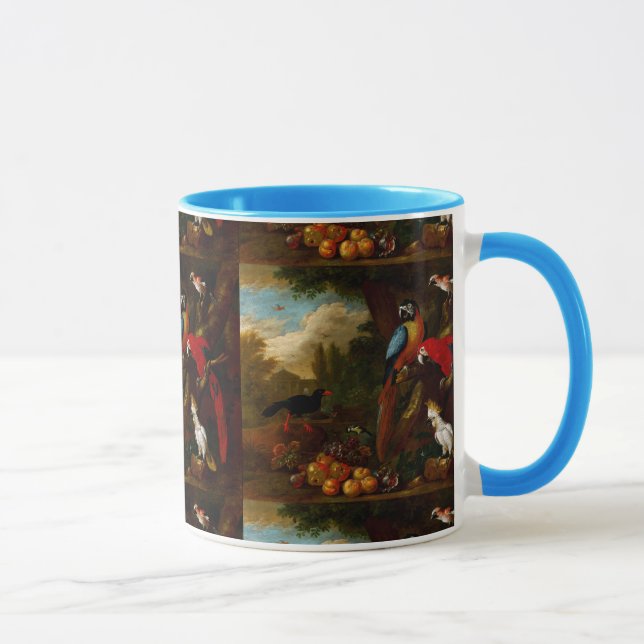 Caneca Dois Macaws uma Cockatoa e um Jay com Fruta (Direita)
