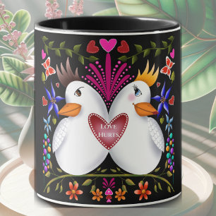 Caneca Dois pássaros adoram corações flores cor do Dia de