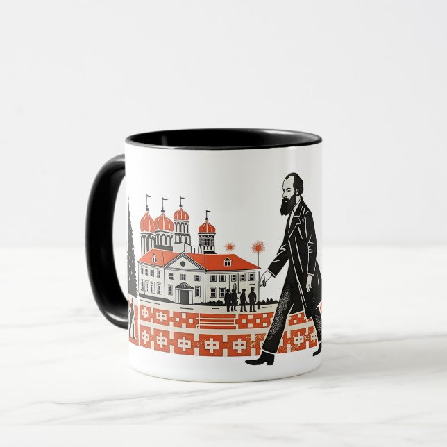 Caneca Dostoevsky caminhando em Santo Petersburg Design (Frente Esquerda)