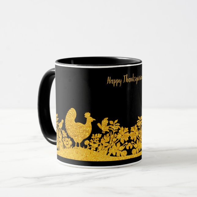 Caneca Dourada Ação de Graças Turquia Floral Mug (Frente Esquerda)