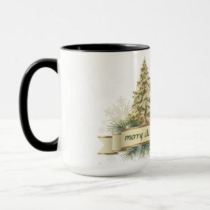 Caneca Dourada Cama de Árvore de Natal Verde Feliz